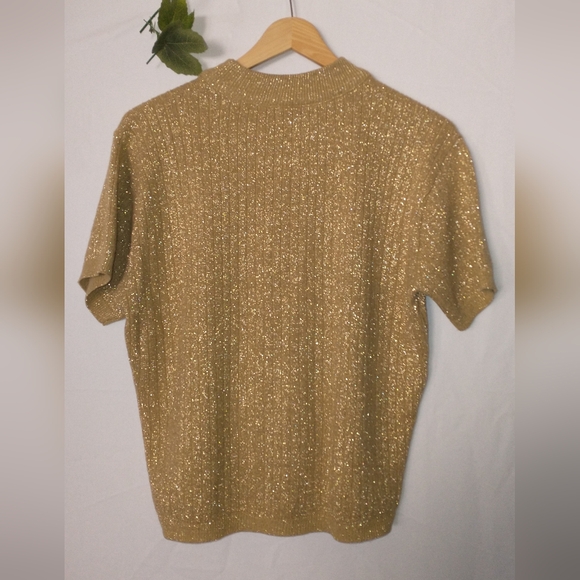 Vintage Retro Gold Short Sleeve Knit Glam Sparkle Sweater By Norton McNaughton L - Picture 6 of 6